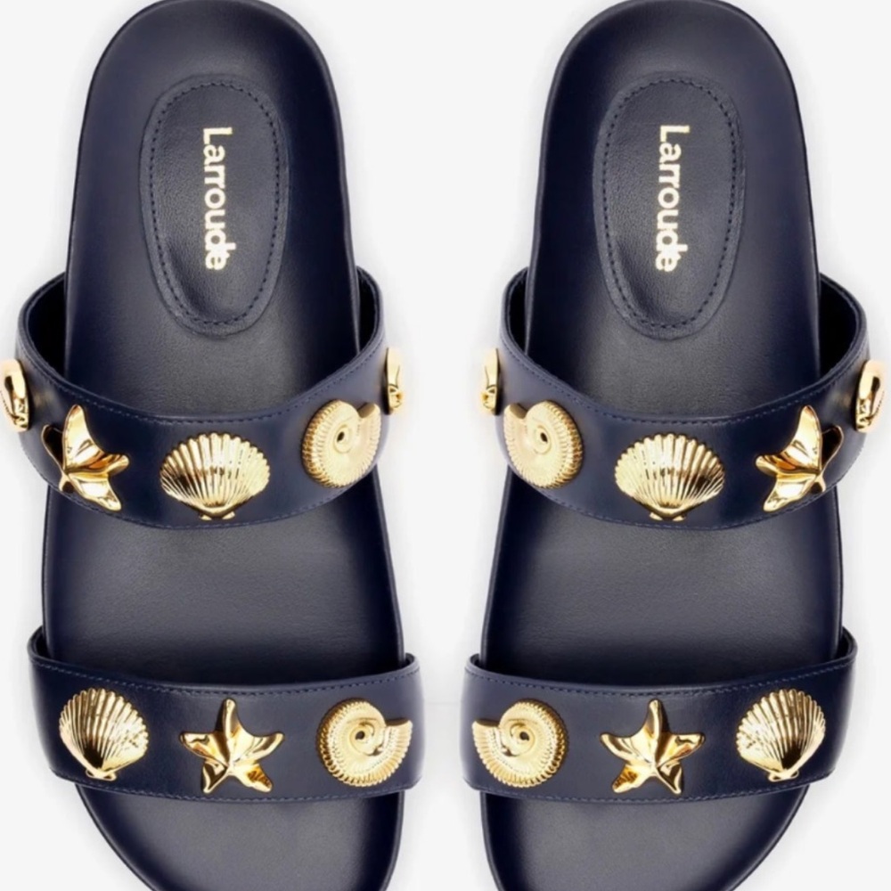 Larroude Navy Blue and Gold Sandals with Elegant Embellishments-Madison slides